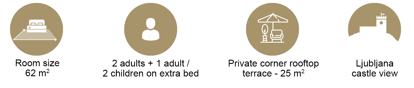 Icons for 62 m² room, 2 adults + 1 adult or 2 children, 25 m² rooftop terrace, and Ljubljana Castle view.