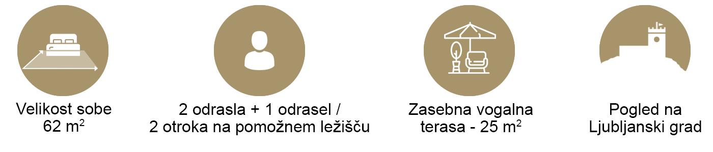 Ikone za sobo 62 m², 2 odrasla + 1 odrasel ali 2 otroka, terasa 25 m², pogled na Ljubljanski grad.